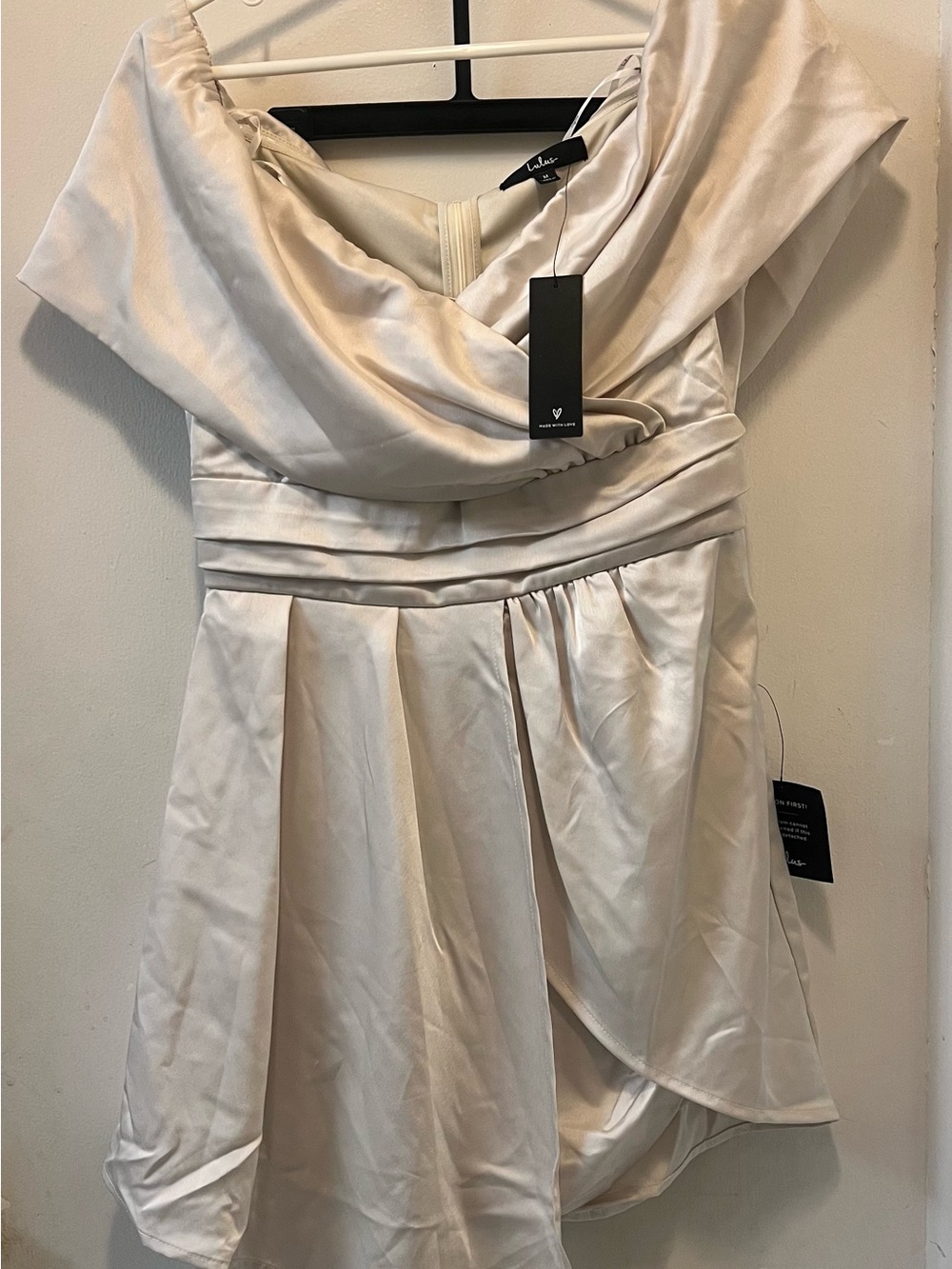 Lulu's Ivory Satin Off-Shoulder Mini Dress